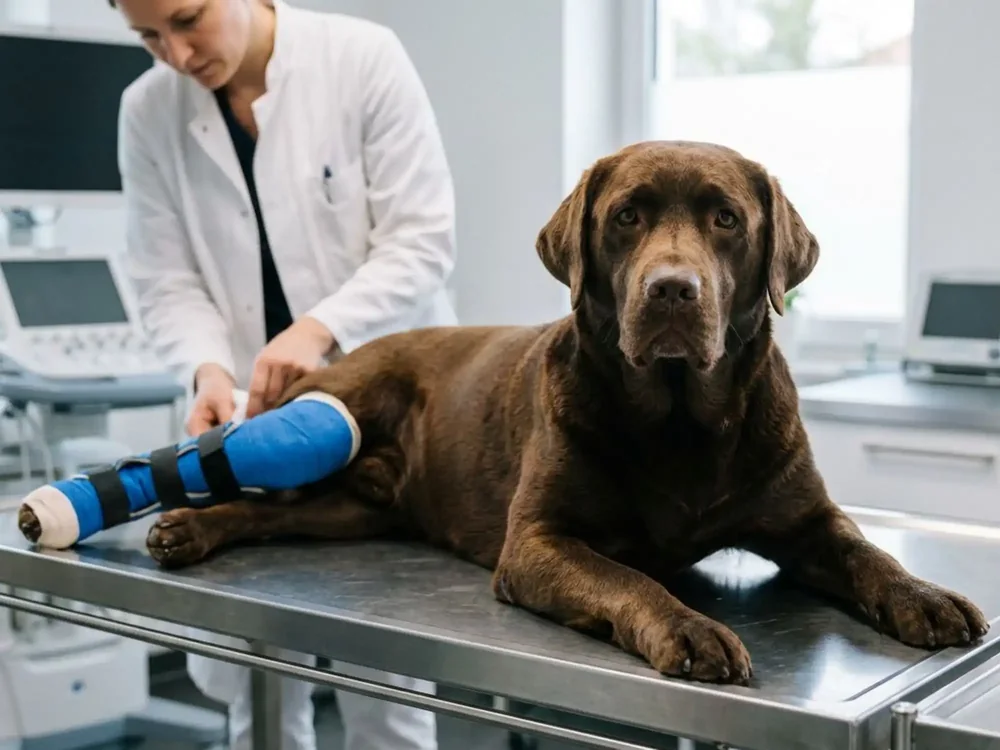 Labrador mit Schiene am Hinterbein wird in einer Tierarztpraxis behandelt