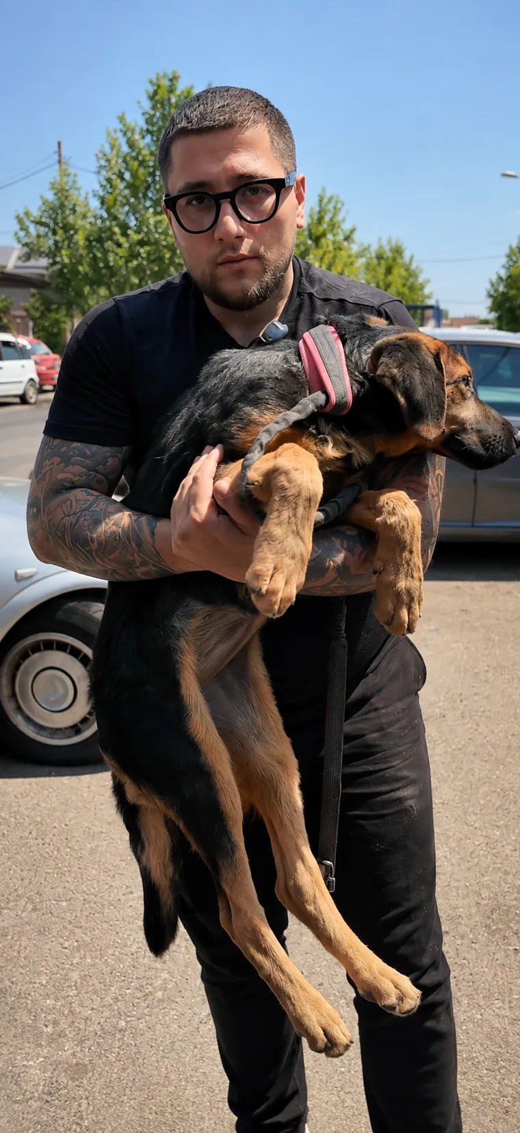 Ein geretteter Hund wird auf dem Arm zum Transporter getragen