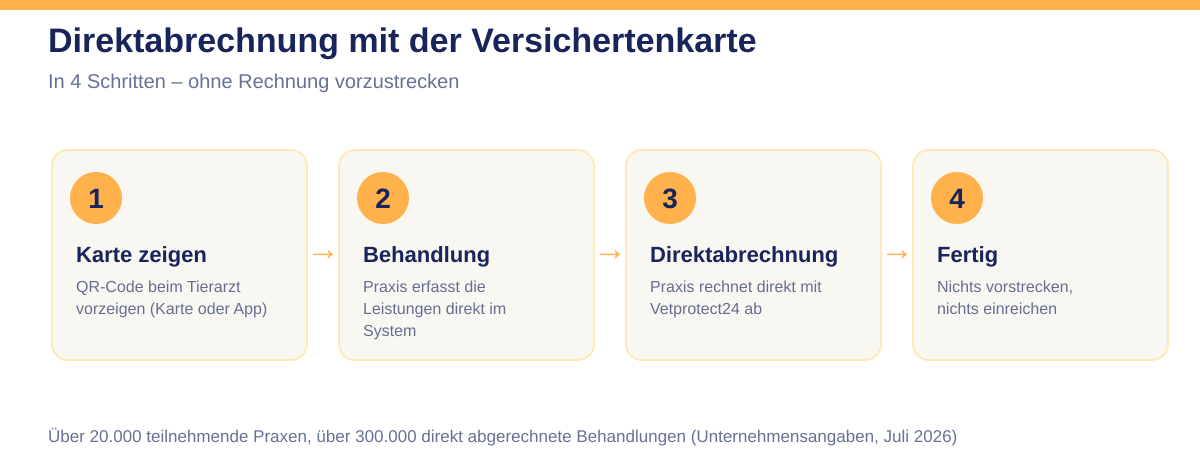 Ablaufdiagramm der Direktabrechnung mit der Versichertenkarte in vier Schritten: Karte mit QR-Code zeigen, Behandlung, Praxis rechnet direkt mit Vetprotect24 ab, fertig ohne Vorleistung