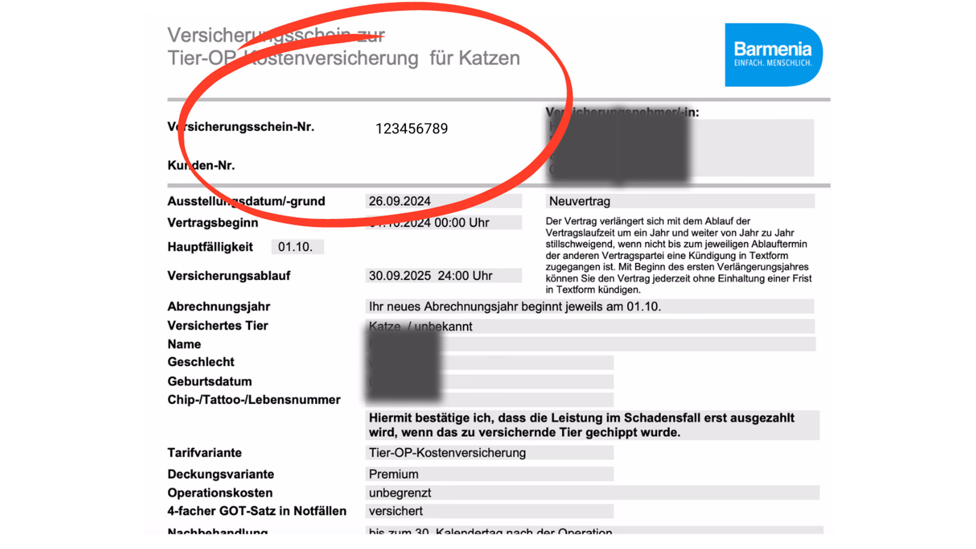 Versicherungsschein mit markierter Vertragsnummer