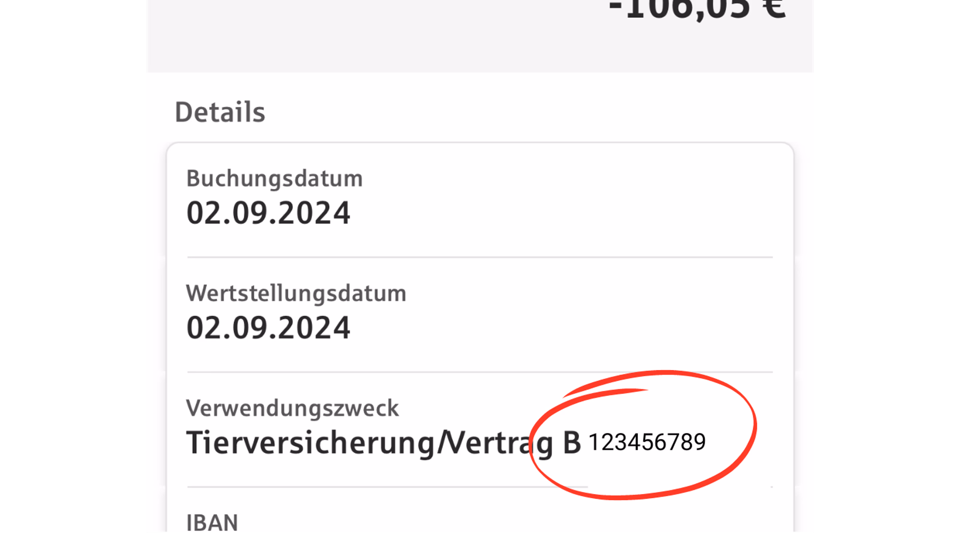 Kontoauszug mit markierter Vertragsnummer